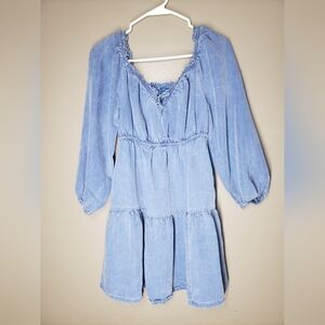 Old Navy Womens Dress Size Small Blue Chambray Denim Long Sleeve Short Tie Neck